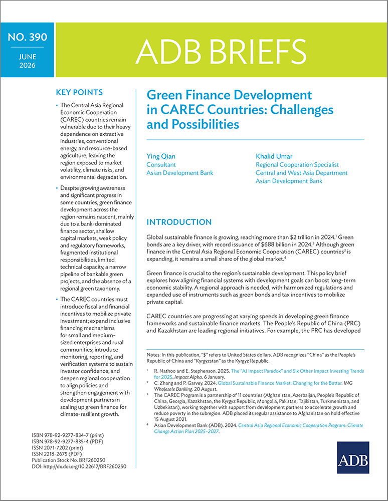 Green Finance Development in CAREC Countries: Challenges and Possibilities